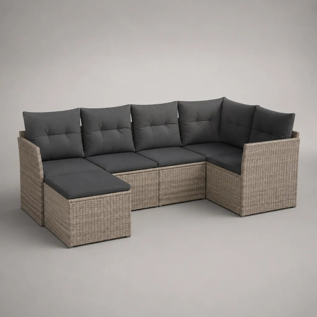 Canapé de jardin modulable 6 places en U en résine tressée PE et acier, taupe et anthracite, 238 x 180 x 82 cm