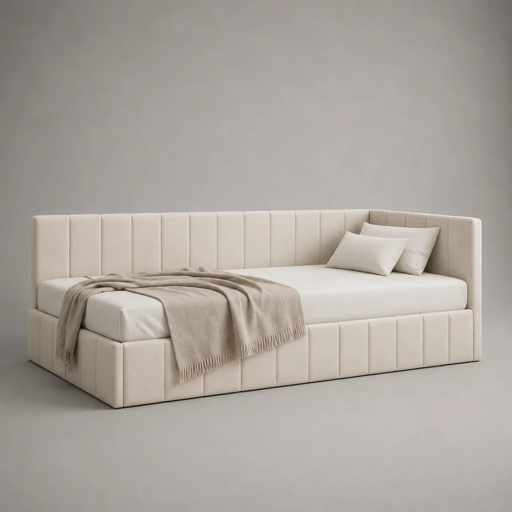 Lit banquette rembourré en polyester beige, couchage 90 x 200 cm, avec dossier et accoudoirs
