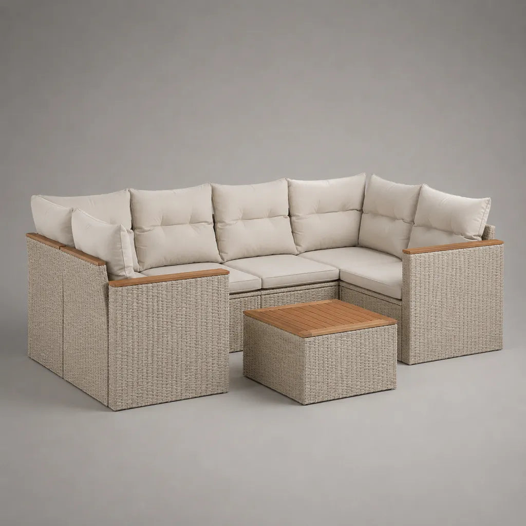Canapé de jardin d’angle 5 places en résine tressée beige et bois avec table basse, 230 × 170 × 73 cm