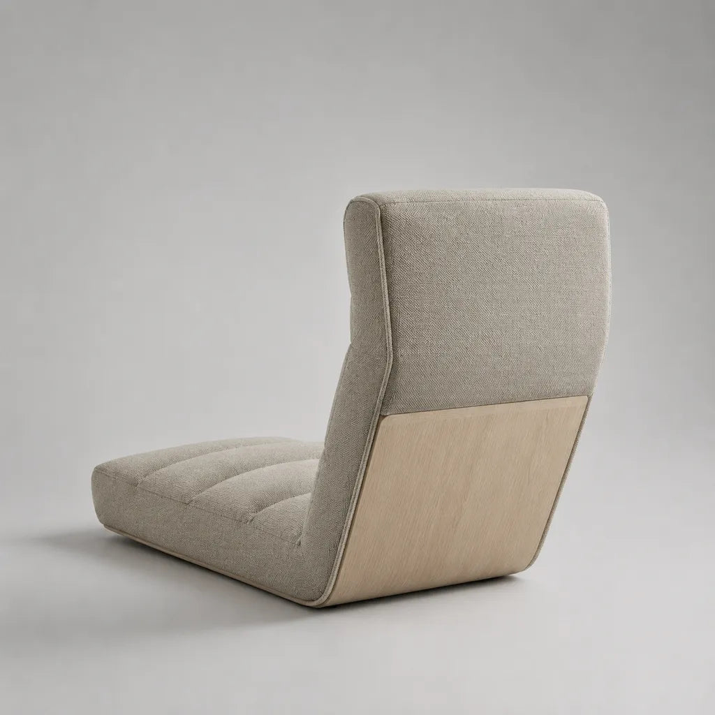 Fauteuil de sol sans accoudoirs en polyester et contreplaqué, beige et chêne clair, 55 × 70 × 72 cm