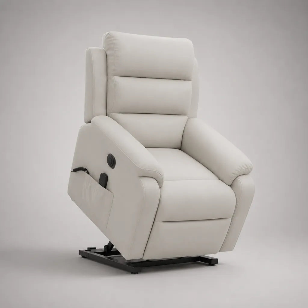 Fauteuil releveur électrique inclinable en cuir synthétique blanc cassé avec dossier haut, 82 × 90 × 105 cm