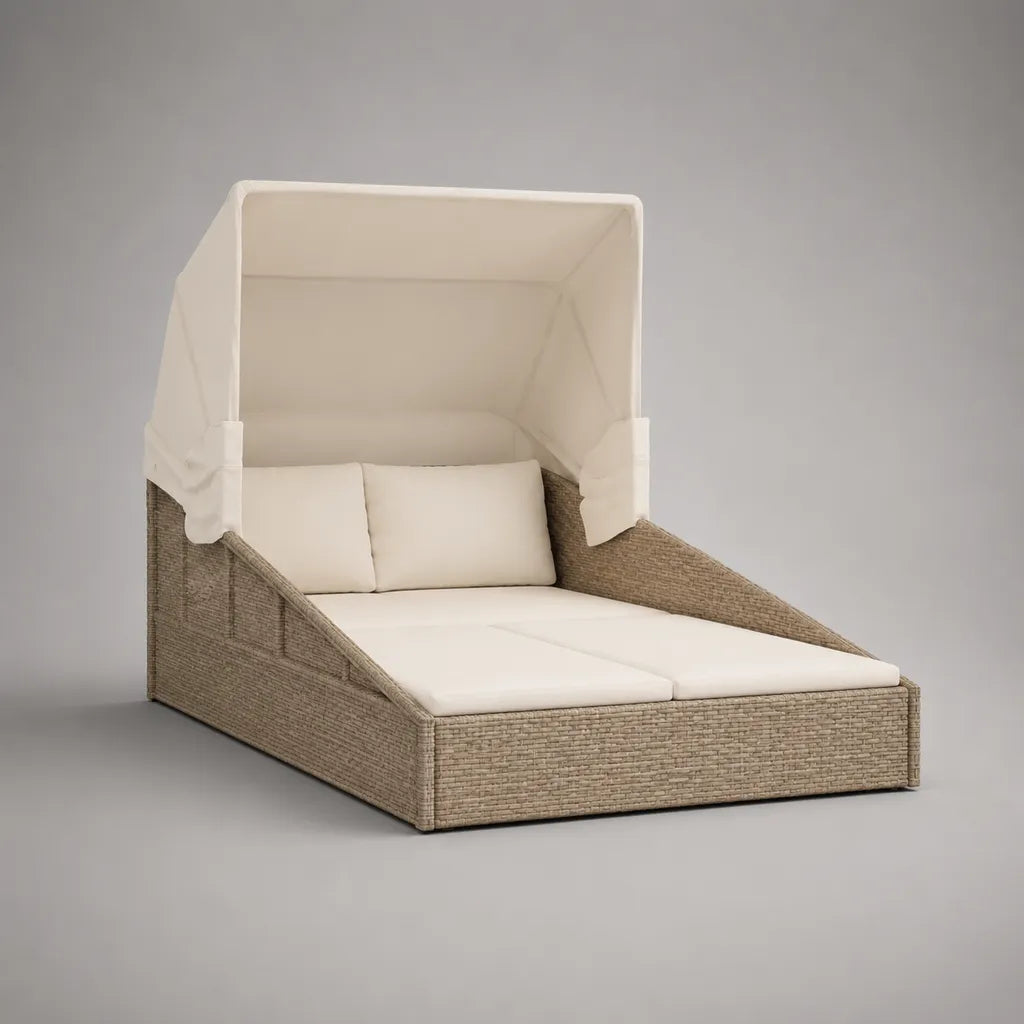 Canapé de jardin extérieur 2 places avec toit pare-soleil, résine tressée PE taupe et coussins écrus, 200 × 160 × 200 cm