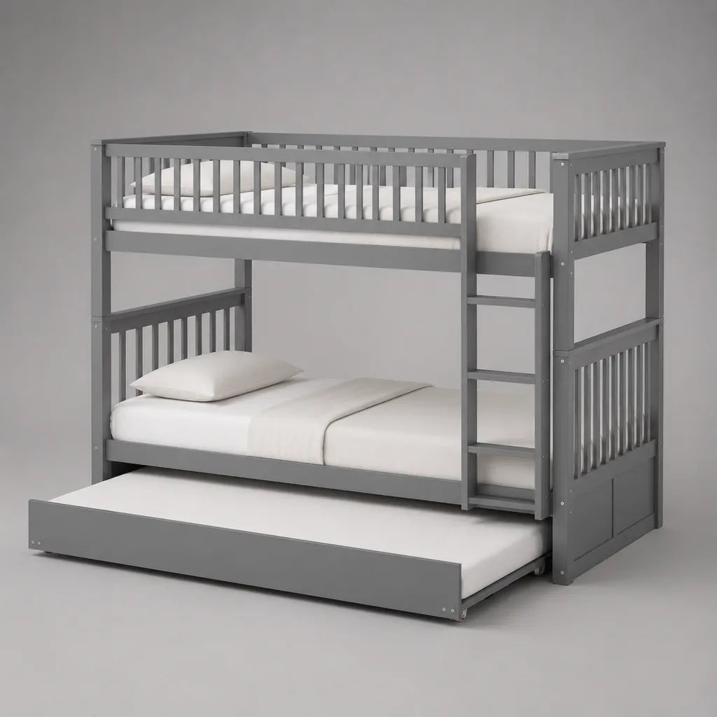Lit superposé en bois gris avec lit gigogne, 3 couchages 90 x 190 cm, dimensions 200 x 99 x 170 cm