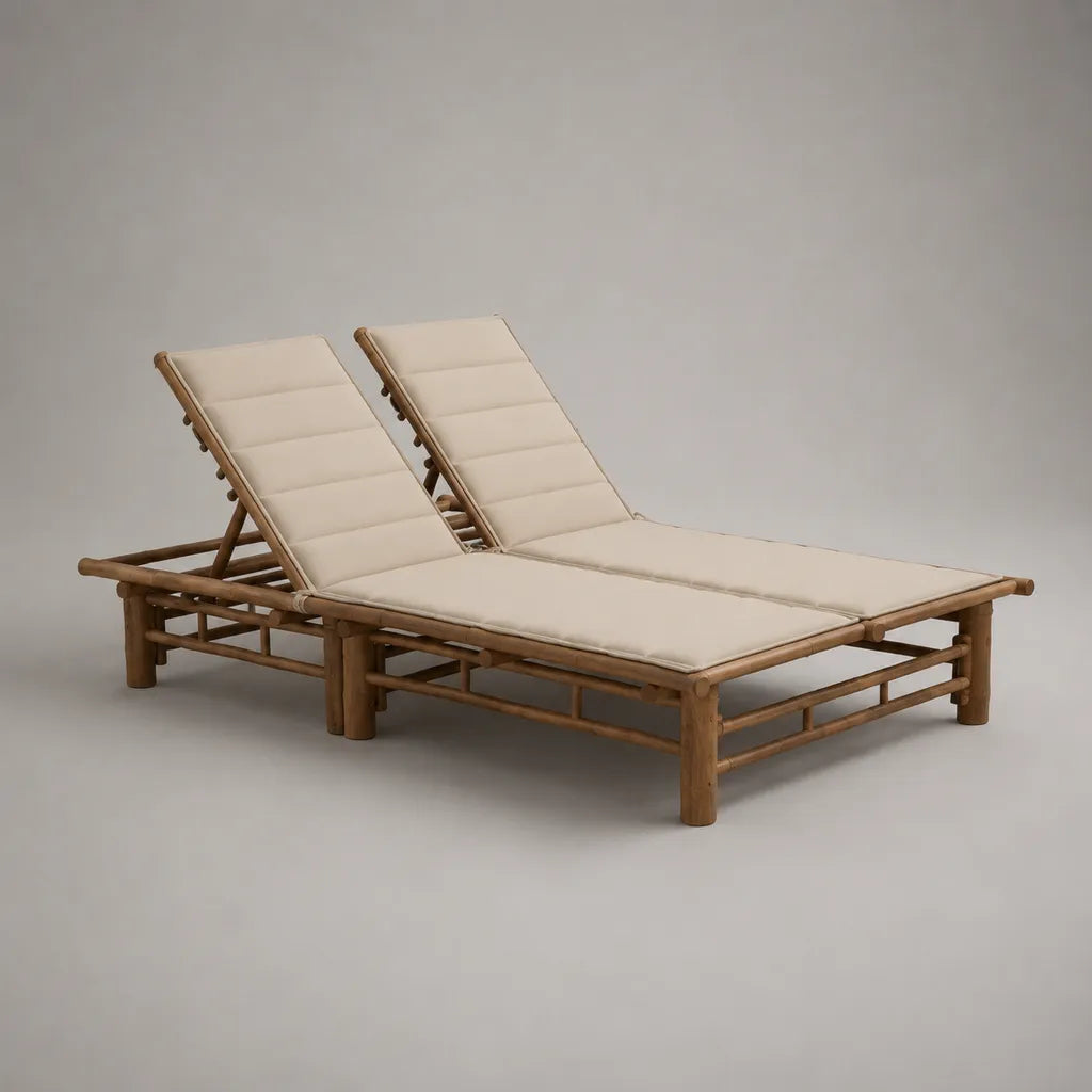 Lot de 2 bains de soleil réglables en bambou massif avec coussins écrus, 200 × 70 × 35-75 cm