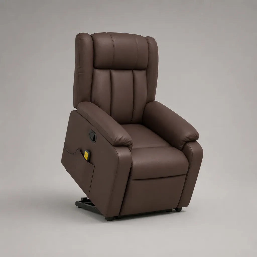 Fauteuil releveur électrique inclinable en cuir synthétique marron à dossier haut, 85 × 92 × 108 cm