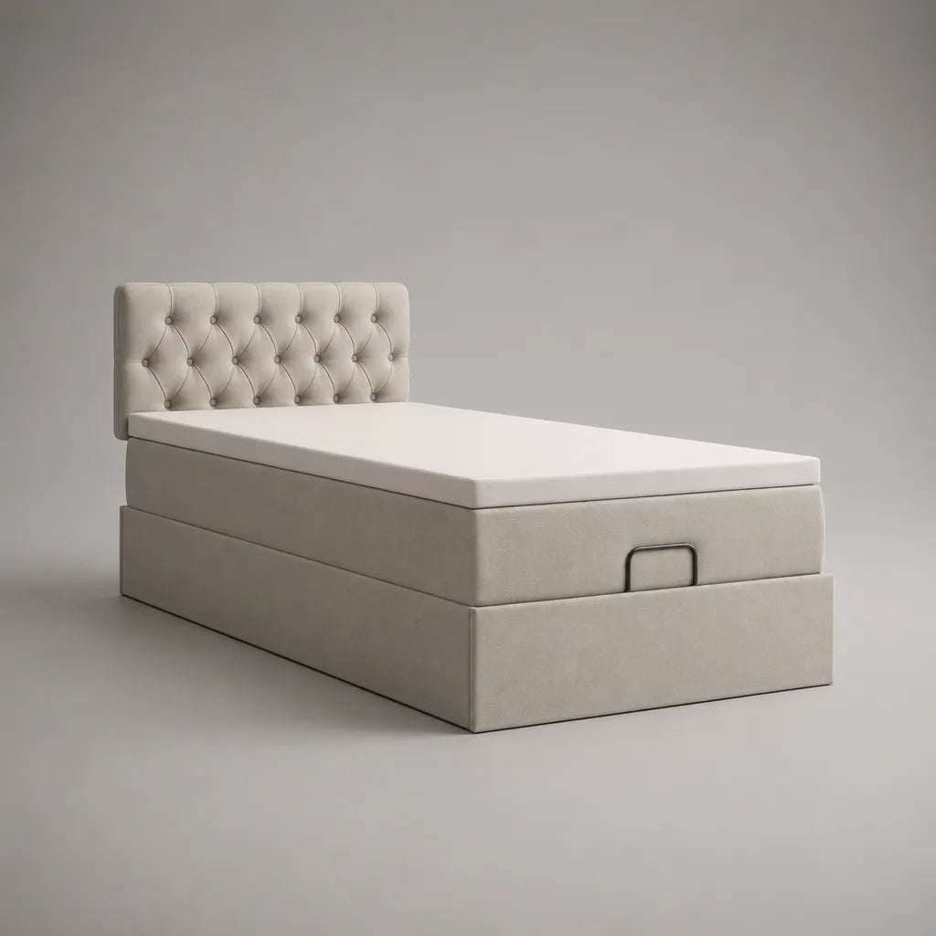 Lit coffre 1 place en tissu beige avec matelas, sommier relevable et tête de lit capitonnée, couchage 90 × 190 cm, dimensions 100 × 200 × 110 cm