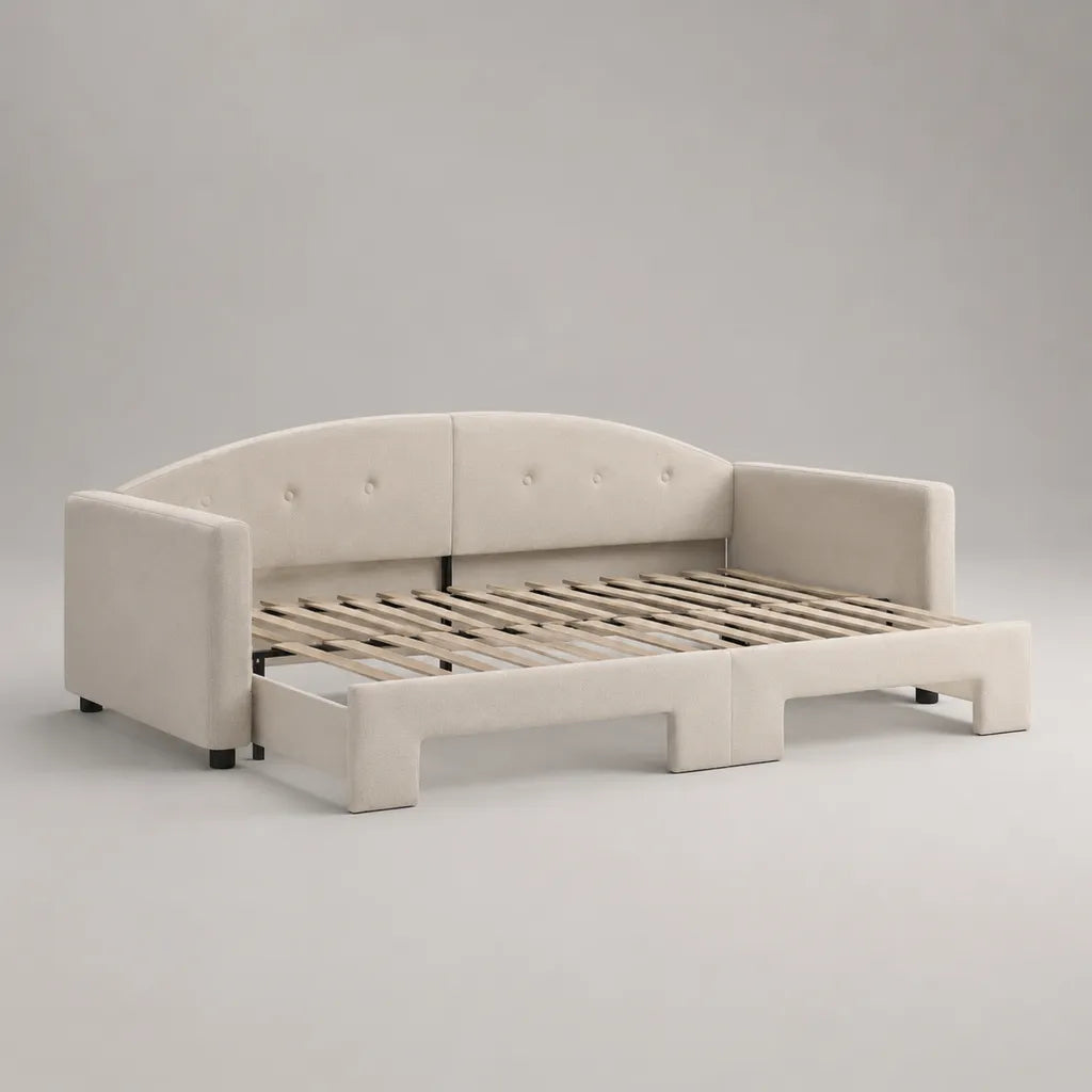 Canapé-lit gigogne 2 places en polyester bouclé blanc cassé avec sommier à lattes, couchage 180 x 190 cm, dimensions 204 x 98 x 85 cm