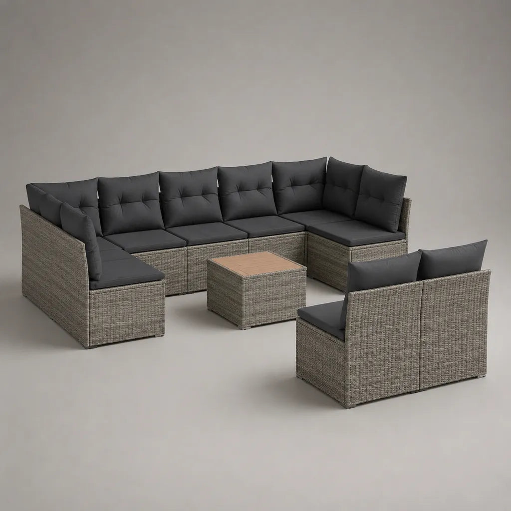 Salon de jardin extérieur modulable 9 pièces, 8 places, en résine tressée et acier gris, coussins anthracite, 250 × 180 × 74 cm