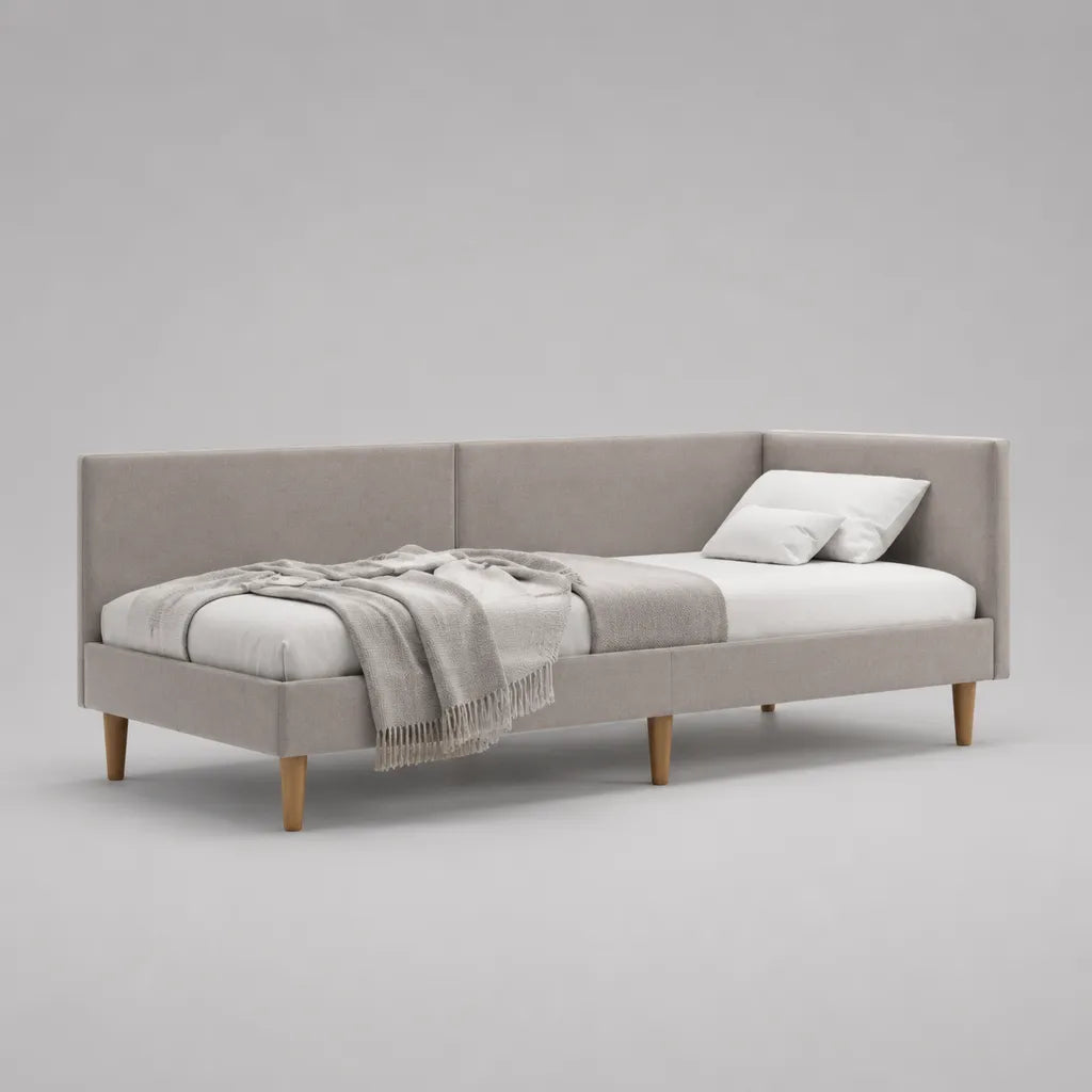 Lit banquette 1 place rembourré en velours polyester beige avec sommier à lattes, couchage 90 × 200 cm, dimensions 214 × 101 × 86 cm