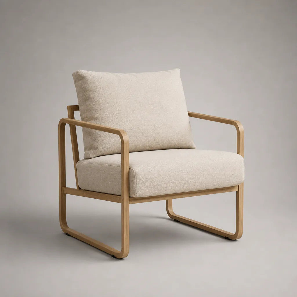 Fauteuil de salon à accoudoirs en bois et tissu beige, bois naturel, 76 × 78 × 82 cm