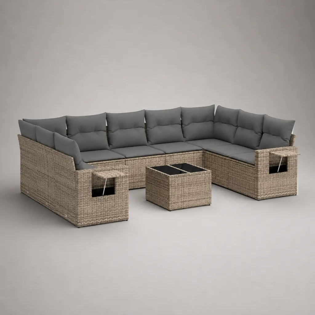 Salon d’extérieur en U 9 places avec table en résine tressée beige, coussins gris, 306 × 220 × 74 cm