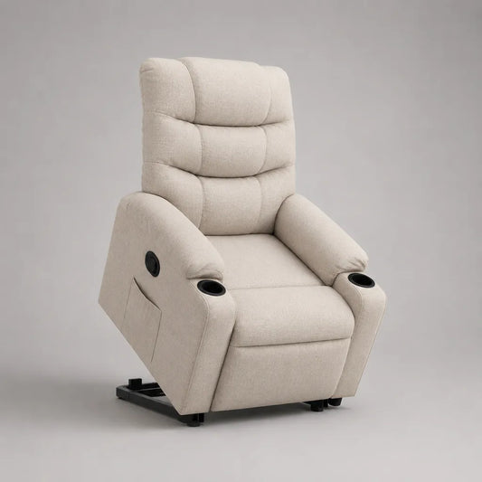 Fauteuil relax manuel en polyester beige avec éléments noirs, dossier haut, repose-pieds et 2 porte-gobelets, 89 × 94 × 106 cm
