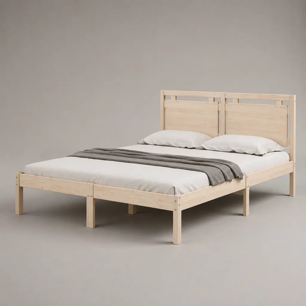 Lit double 160 x 200 cm en bois naturel avec tête de lit et sommier à lattes