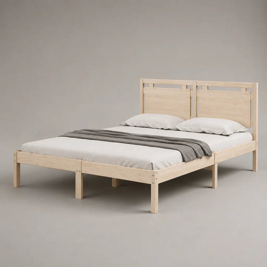 Lit double 160 x 200 cm en bois naturel avec tête de lit et sommier à lattes