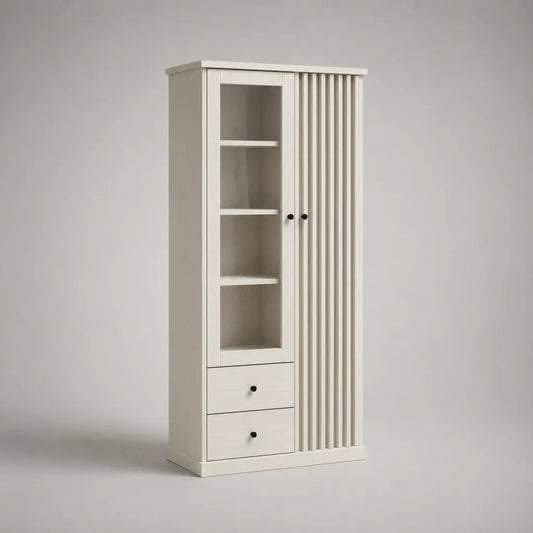 Vitrine haute rectangulaire en MDF et verre trempé, 2 portes, 3 étagères et 2 tiroirs, blanc cassé, 80 × 40 × 180 cm