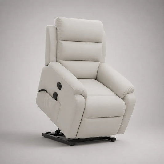 Fauteuil releveur électrique inclinable en cuir synthétique blanc cassé avec dossier haut, 82 × 90 × 105 cm