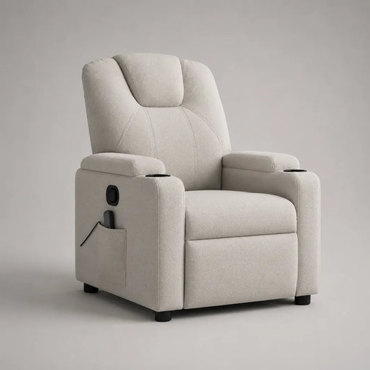 Fauteuil relax inclinable manuel en tissu bouclette ivoire avec dossier haut, repose-pieds et porte-gobelets, 92 × 95 × 105 cm