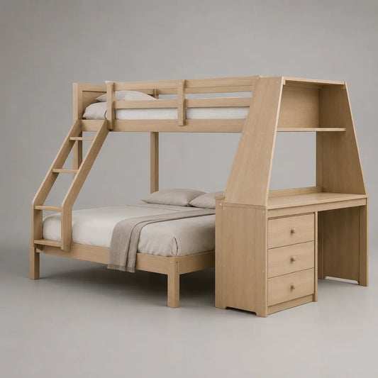 Lit superposé combiné 90 x 190 cm et 140 x 190 cm en pin massif et MDF plaqué chêne avec bureau et rangements, chêne clair, 250 x 205 x 180 cm