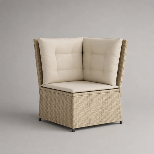 Canapé d’angle extérieur 1 place en résine tressée beige avec coussins en tissu écru, 78 × 78 × 83 cm
