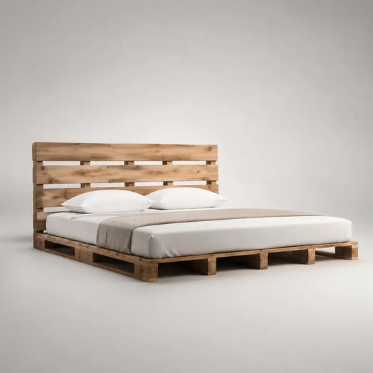 Lit double plateforme avec tête de lit en pin massif brun naturel, couchage 160 × 200 cm