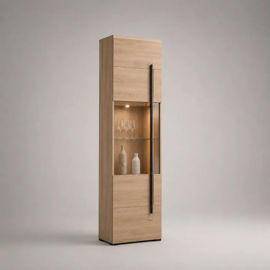 Vitrine colonne en panneaux de particules, métal et verre trempé avec éclairage LED, chêne clair, noir et transparent, 45 × 40 × 190 cm