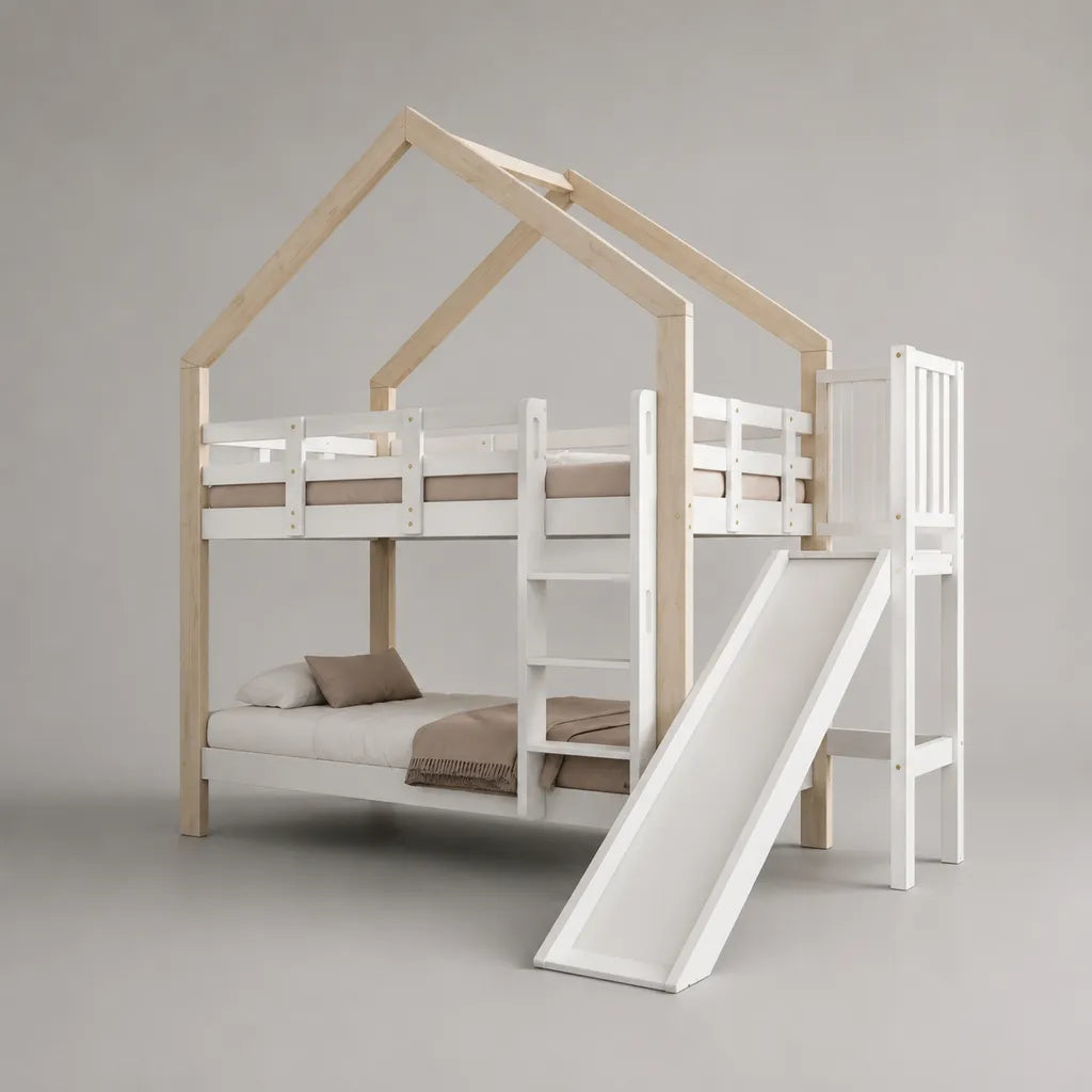Lit superposé enfant 90 x 200 cm en pin massif blanc et naturel avec toit cabane, échelle et toboggan – 207 x 220 x 220 cm