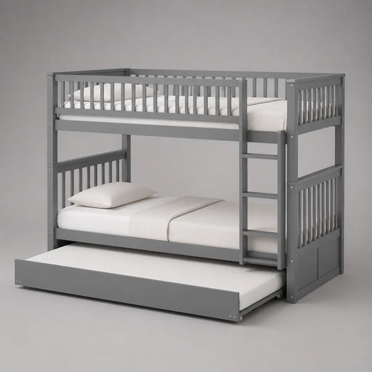Lit superposé en bois gris avec lit gigogne, 3 couchages 90 x 190 cm, dimensions 200 x 99 x 170 cm