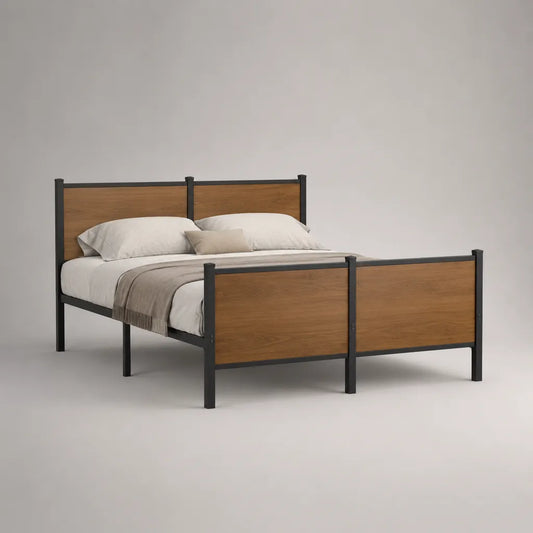 Lit double 160 × 200 cm avec cadre en acier et panneaux en bois MDF, marron chêne et noir