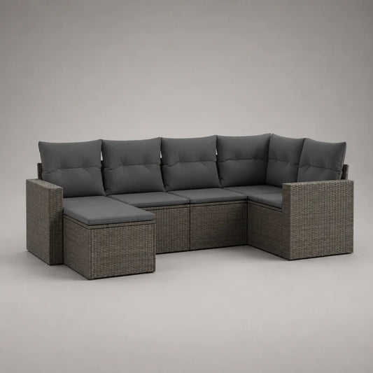 Canapé de jardin d’angle modulable 7 pièces, 6 places, en résine tressée et métal, gris taupe et anthracite, 285 × 175 × 74 cm
