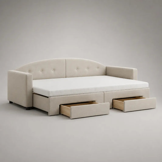 Canapé-lit 1 place en velours polyester beige avec 2 tiroirs, couchage 90 × 200 cm, dimensions 218 × 100 × 91 cm