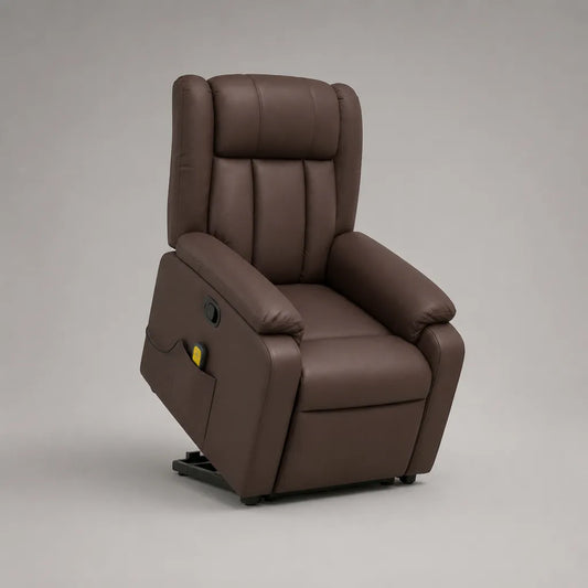 Fauteuil releveur électrique inclinable en cuir synthétique marron à dossier haut, 85 × 92 × 108 cm