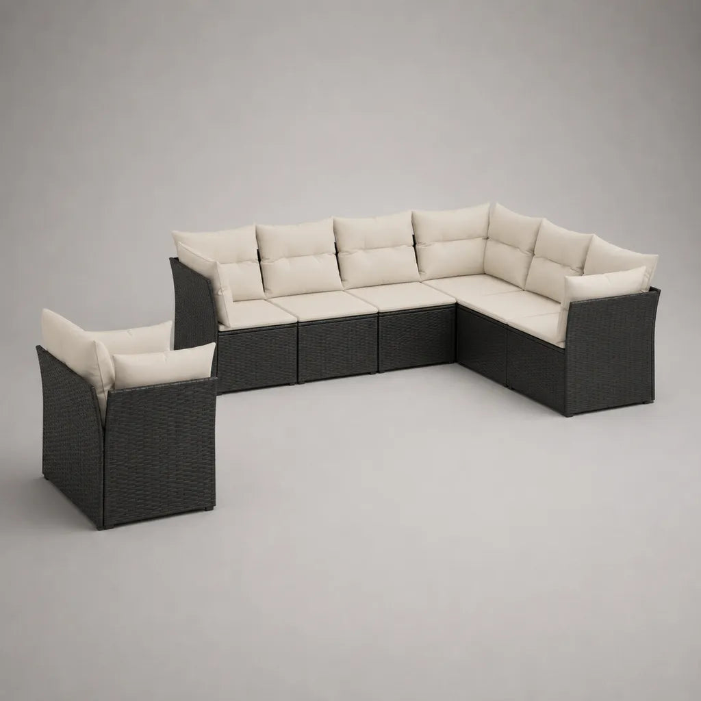 Salon de jardin d’angle extérieur 6 places avec fauteuil en résine tressée, acier et tissu, noir et écru, canapé 244 × 182 × 74 cm, fauteuil 74 × 74 × 74 cm