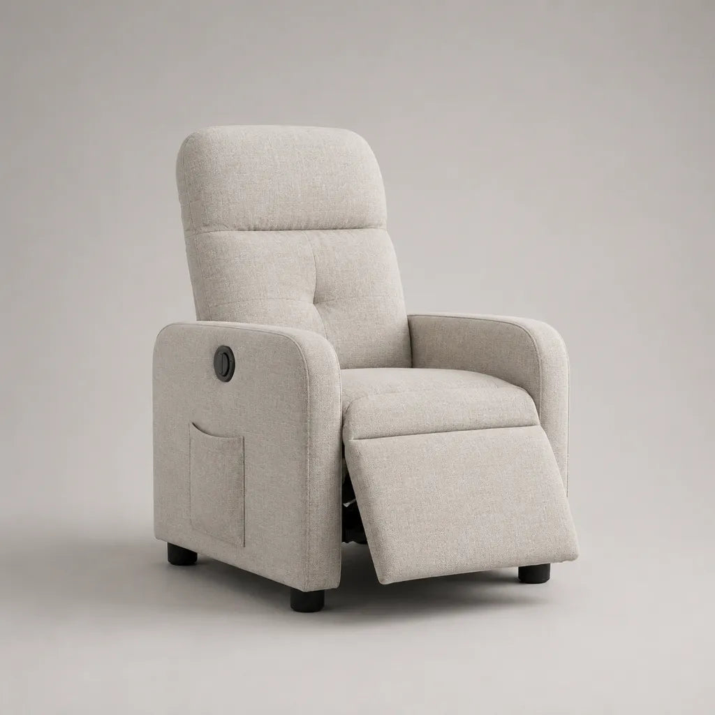 Fauteuil de relaxation manuel inclinable en tissu beige clair avec dossier haut et repose-pieds, 75 × 90 × 104 cm