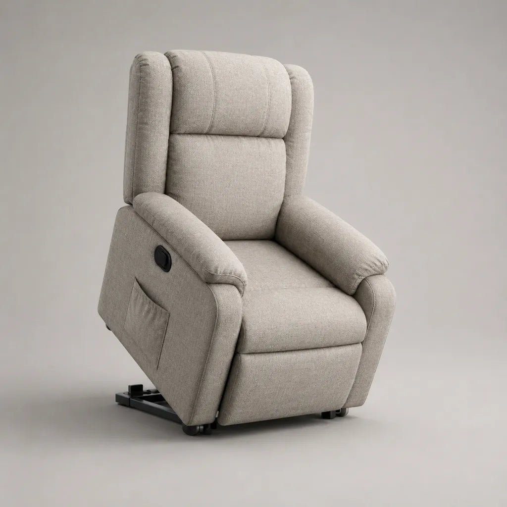 Fauteuil releveur électrique inclinable à dossier haut en tissu beige clair, 78 × 90 × 105 cm