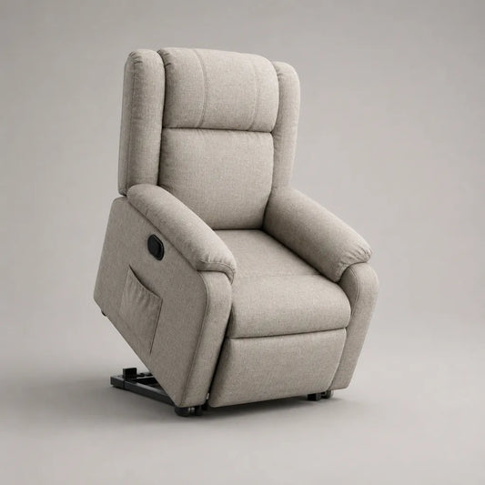 Fauteuil releveur électrique inclinable à dossier haut en tissu beige clair, 78 × 90 × 105 cm