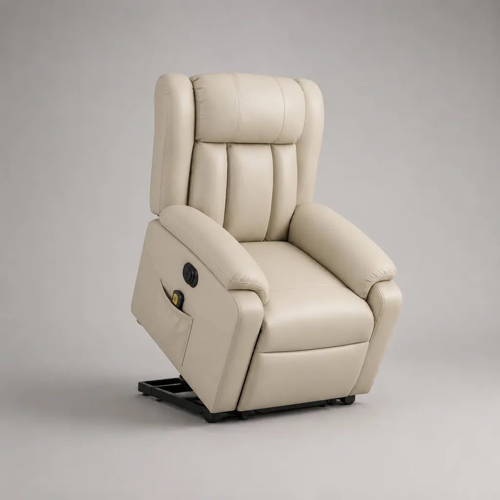 Fauteuil releveur électrique inclinable en similicuir PU beige avec dossier haut, 86 × 92 × 106 cm