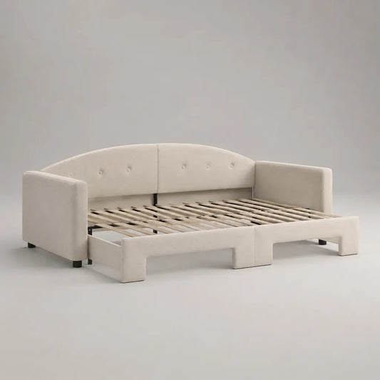 Canapé-lit gigogne 2 places en polyester bouclé blanc cassé avec sommier à lattes, couchage 180 x 190 cm, dimensions 204 x 98 x 85 cm