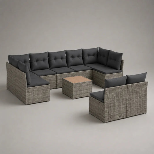 Salon de jardin extérieur modulable 9 pièces, 8 places, en résine tressée et acier gris, coussins anthracite, 250 × 180 × 74 cm