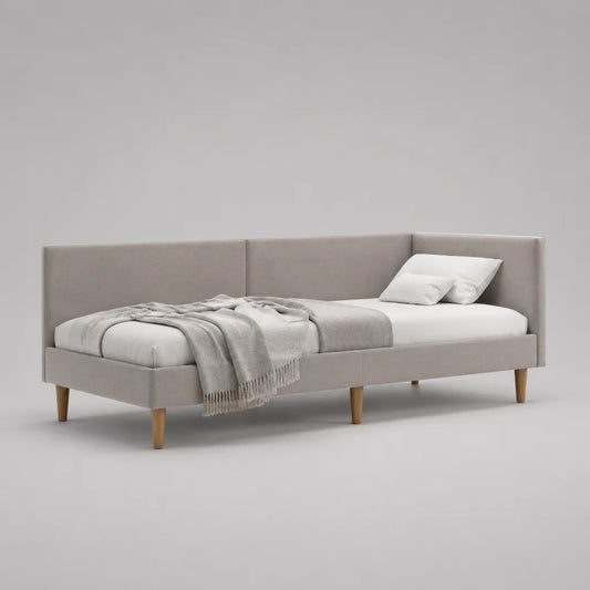 Lit banquette 1 place rembourré en velours polyester beige avec sommier à lattes, couchage 90 × 200 cm, dimensions 214 × 101 × 86 cm