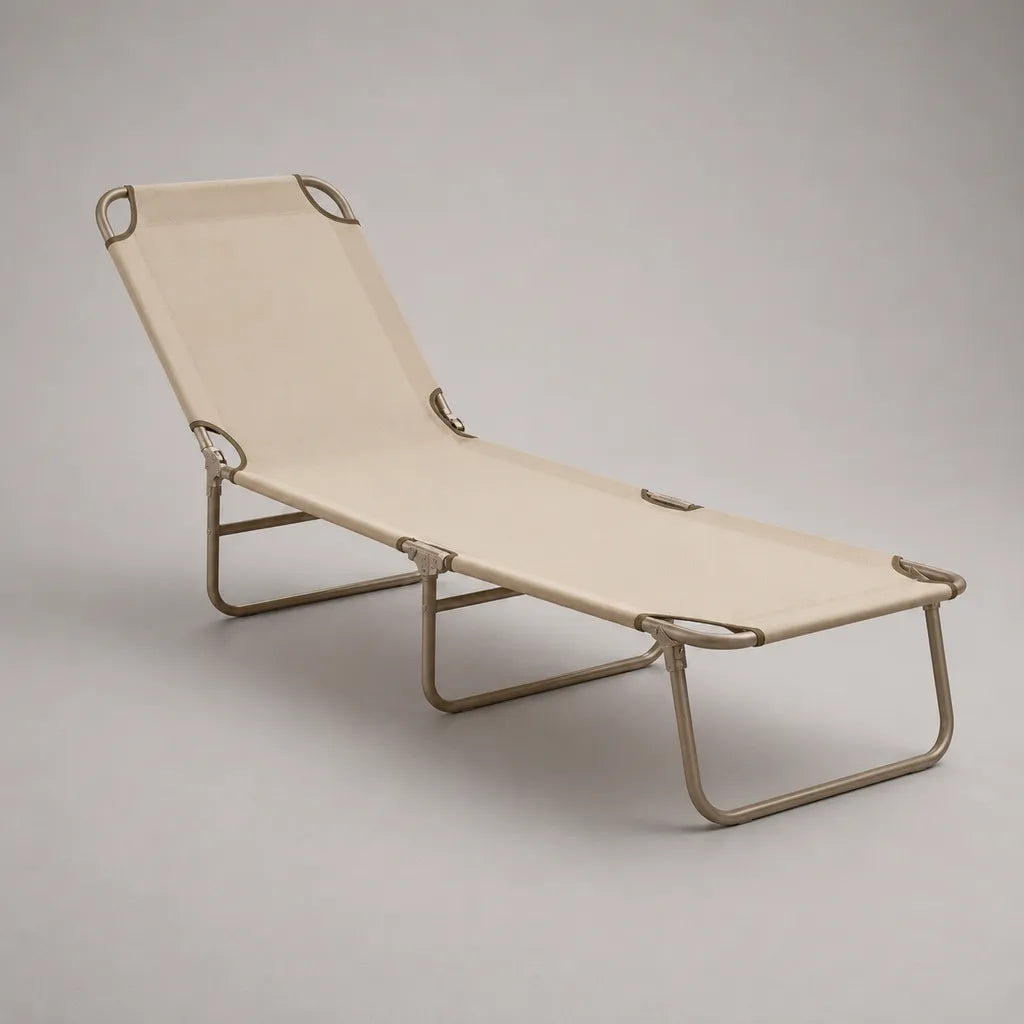 Bain de soleil pliant en polyester enduit de PVC et acier, beige et taupe, 190 × 58 × 80 cm