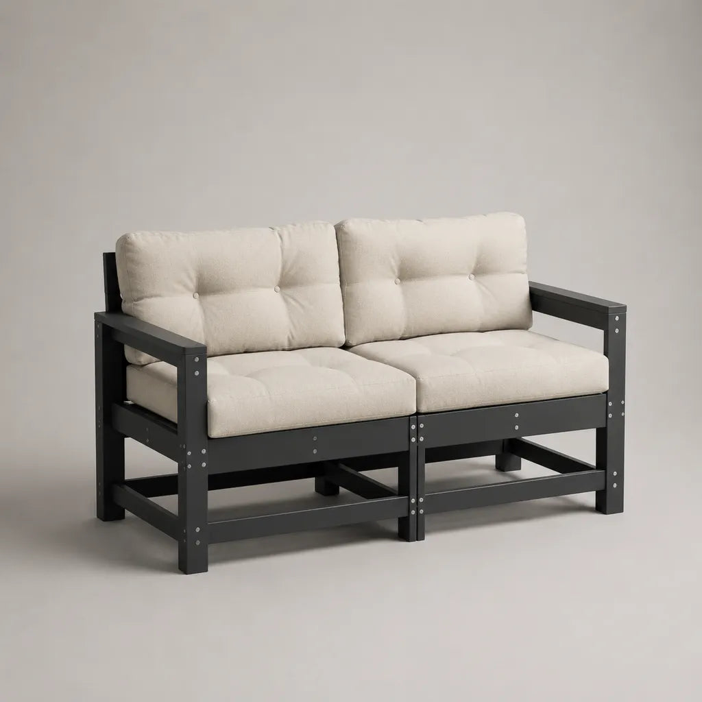 Canapé de jardin modulaire 2 places en bois avec coussins en tissu, 150 × 76 × 82 cm, noir et beige