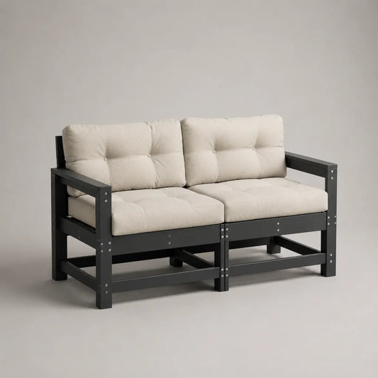 Canapé de jardin modulaire 2 places en bois avec coussins en tissu, 150 × 76 × 82 cm, noir et beige