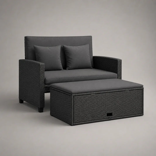 Ensemble de jardin 2 pièces en résine tressée, métal et tissu gris anthracite – canapé 2 places 124 × 70 × 88 cm et coffre repose-pieds 100 × 55 × 42 cm
